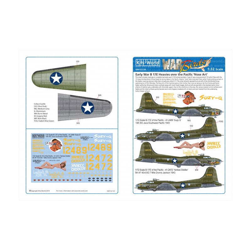 41-2489 'Suzy Q' 19th HBG, Java, Southwest Pacific 1943.41-2472 'Yankee Diddler' 5th AF 43rd B | Décal Boeing B-17E du Pacifique