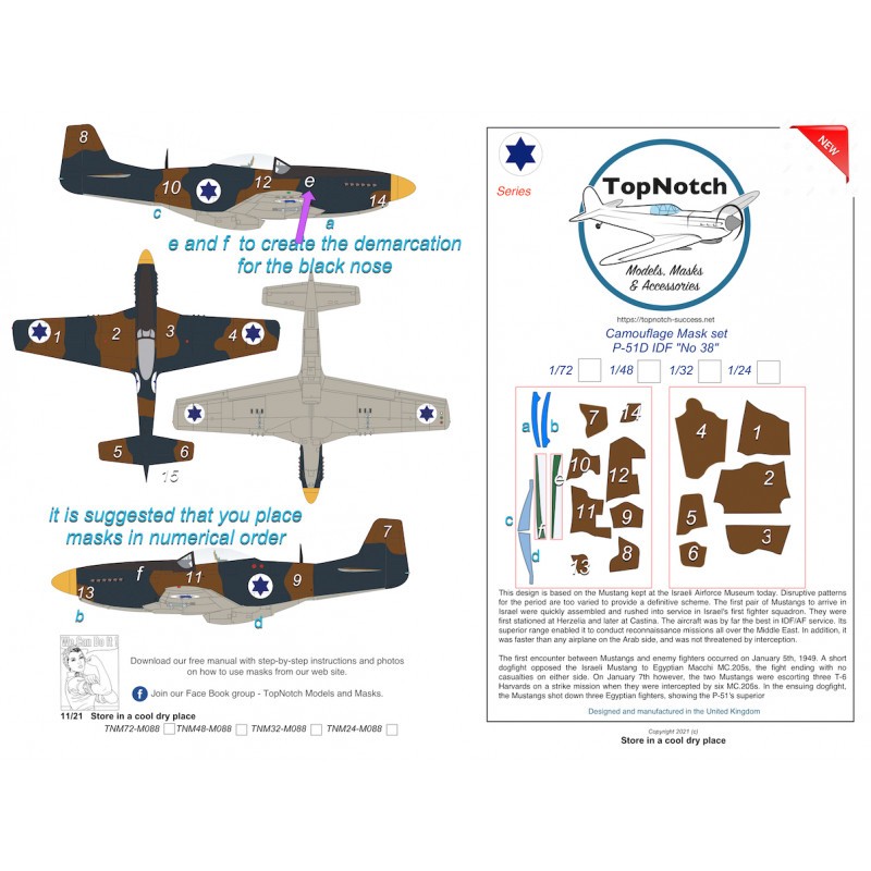 Masque de peinture à motif camouflage North-American P-51D Mustang IDF 'No 38' (conçu pour être utilisé avec les kits Airfix) – Collection