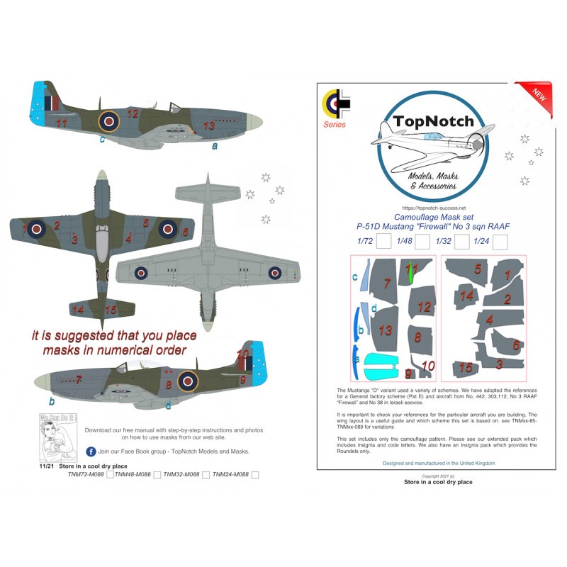 Masque de peinture North-American P-51D Mustang 'Firewall' No 3 sqn RAAF motif camouflage (conçu pour être utilisé avec les kits – Collection
