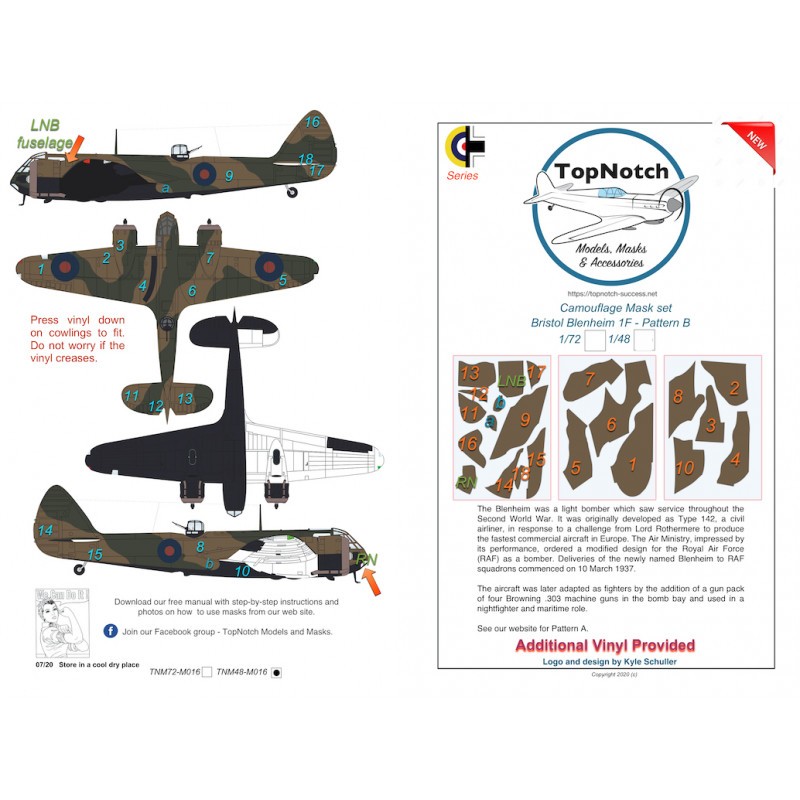 Masques de peinture à motif camouflage Pattern B (conçus pour être utilisés avec les kits Airfix) – Bristol Blenheim Mk.IF